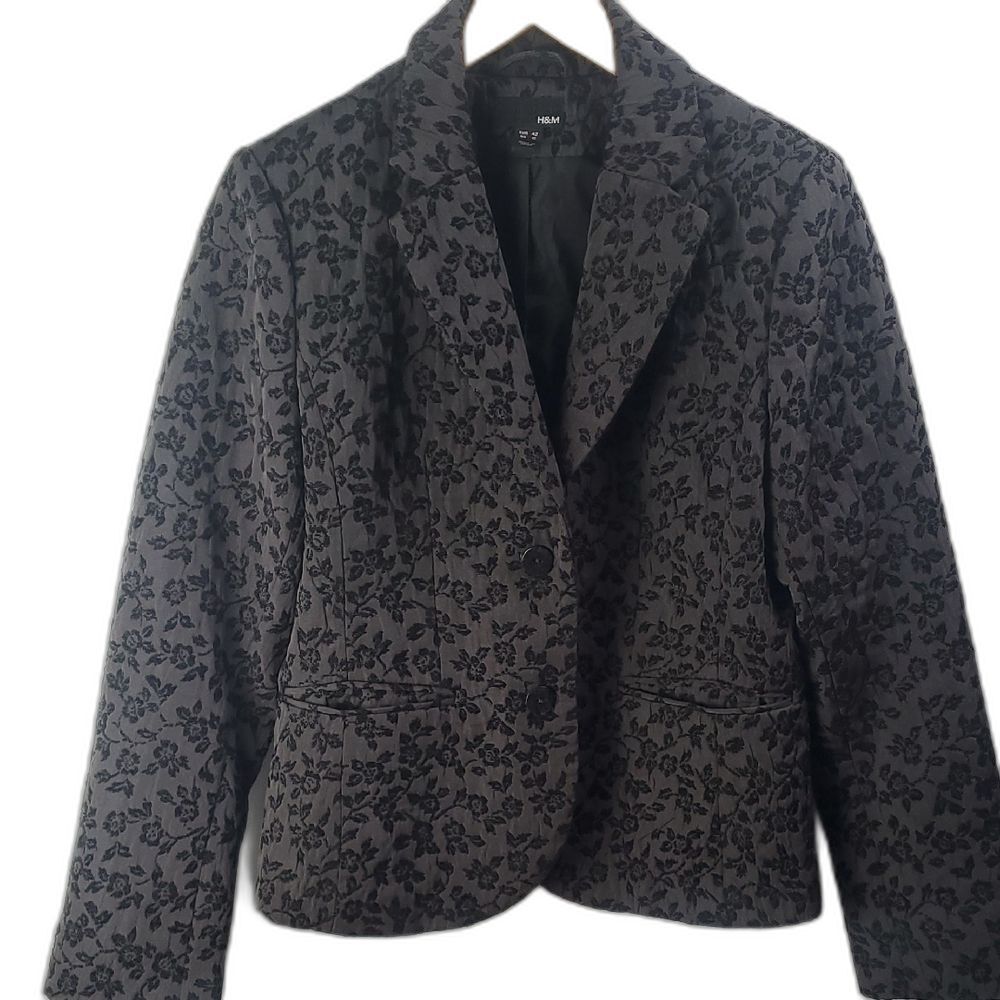 H&M Women's Black Whimsical Goth Floral Women's Blazer Sz 14 Career